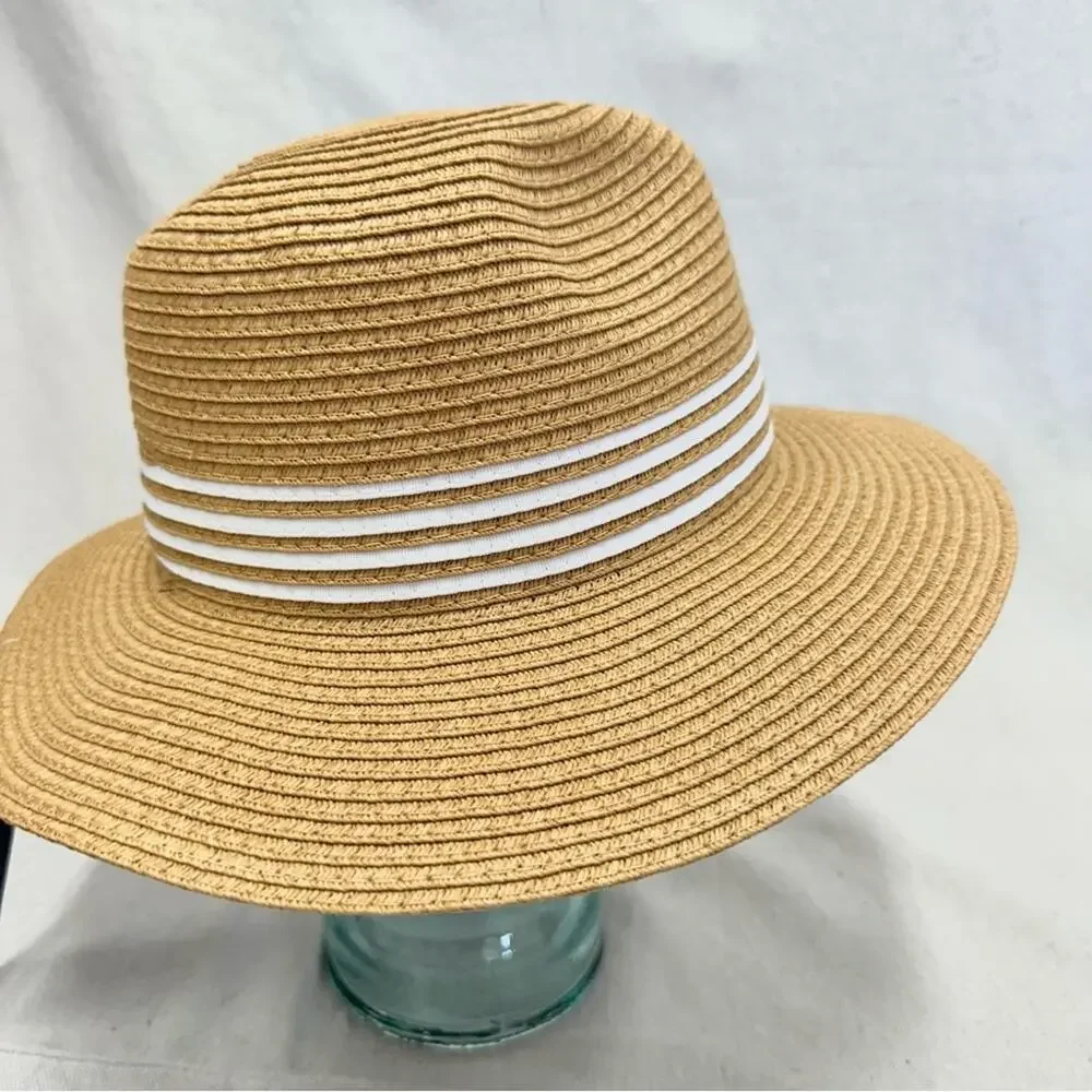 Adrienne Vittadini straw fedora hat in Toast w/ white‎ stripe band One Size NWT